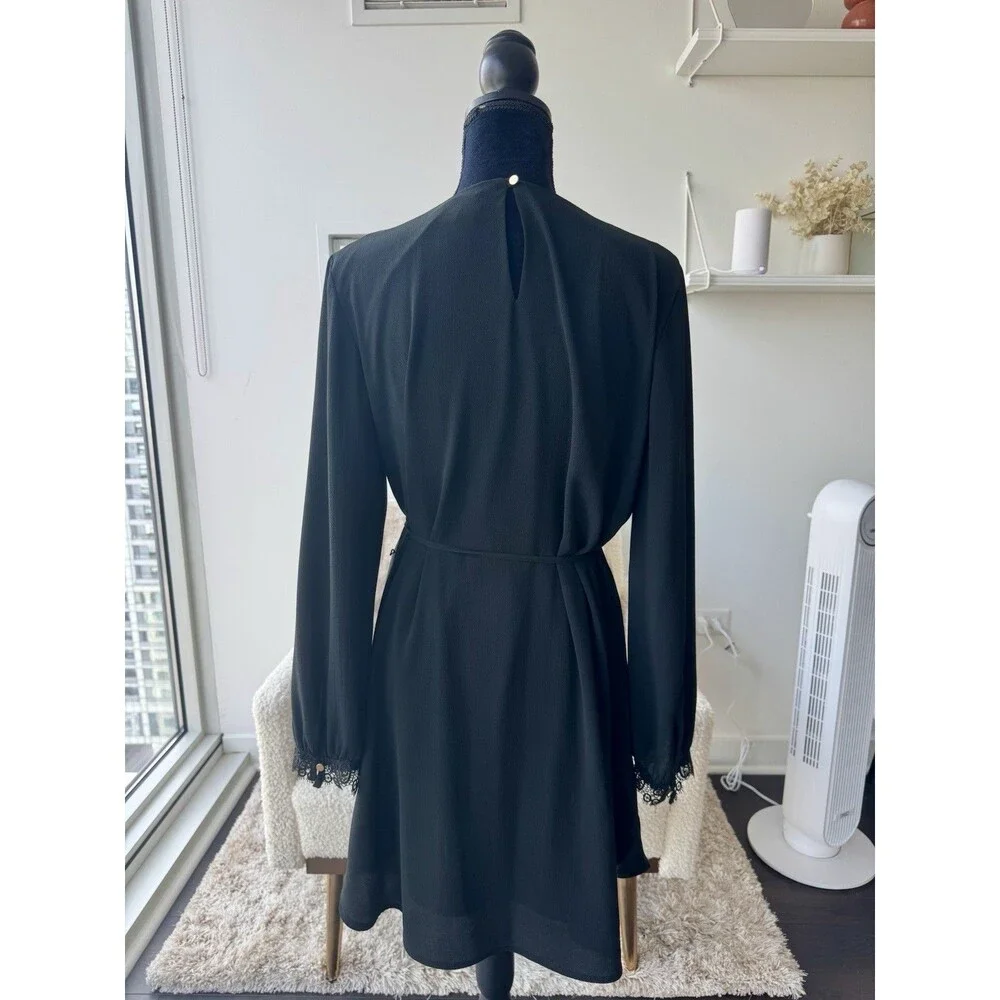 A New Day Black Long Sleeve Embroidered Tie Waist Dress Size Medium NEW - Picture 4 of 6